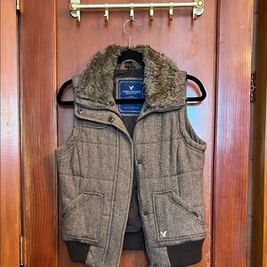 American Eagle Outfitters Brown Quilted Vest with Faux Fur Hood